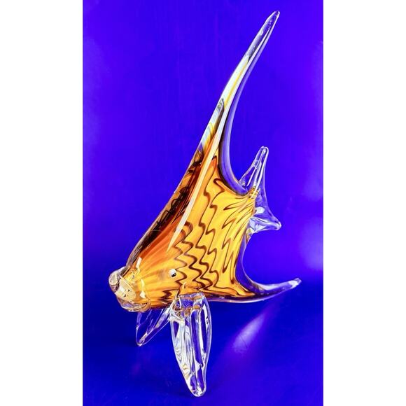 Murano Style Art Glass Sculpture Angel Fish 11” Tall Yellow Orange Tangerine - Picture 3 of 9